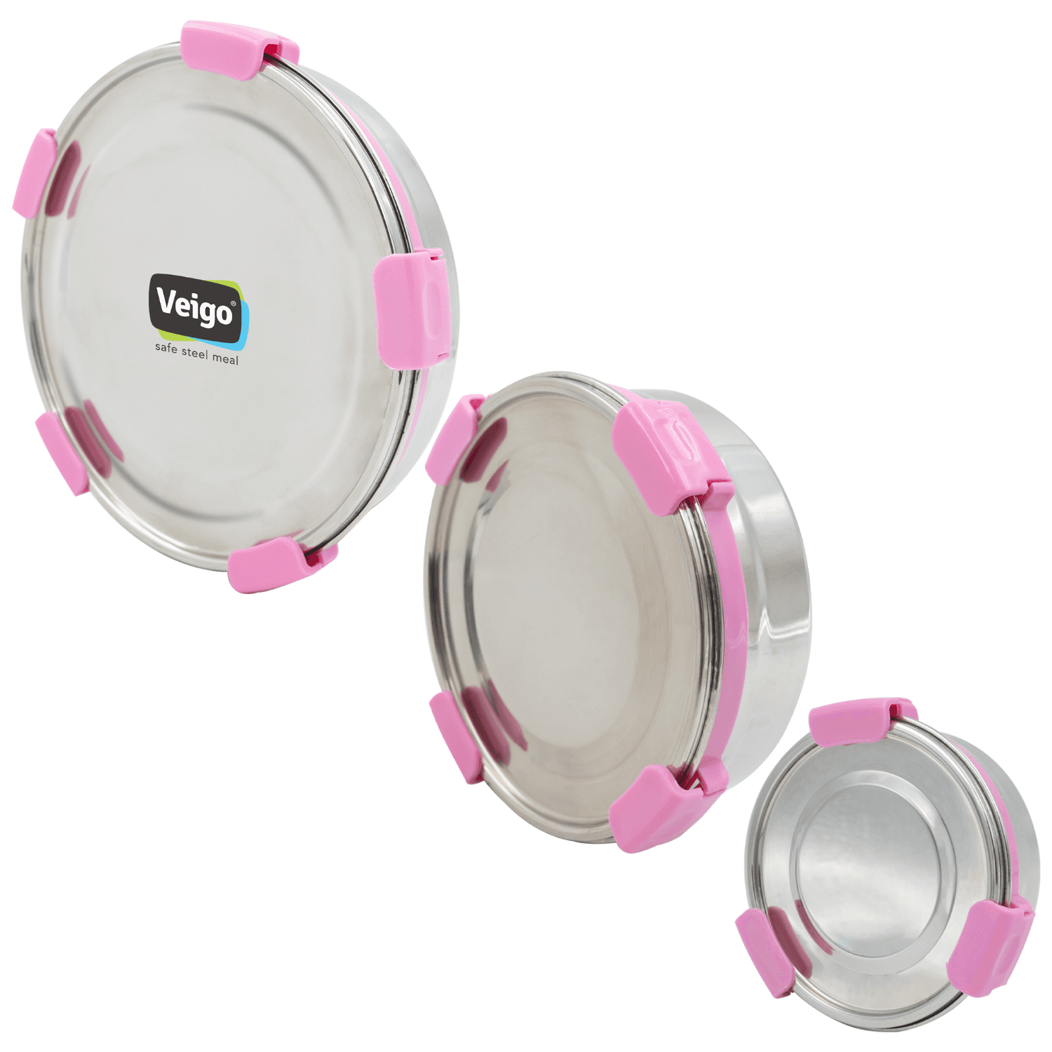Veigo Maxosteel Round Stainless Steel Airtight & Leakproof Lunch Box with Silicon Ring & Lid Lock, Set of 3(325ML+700ML+950ML), Pink