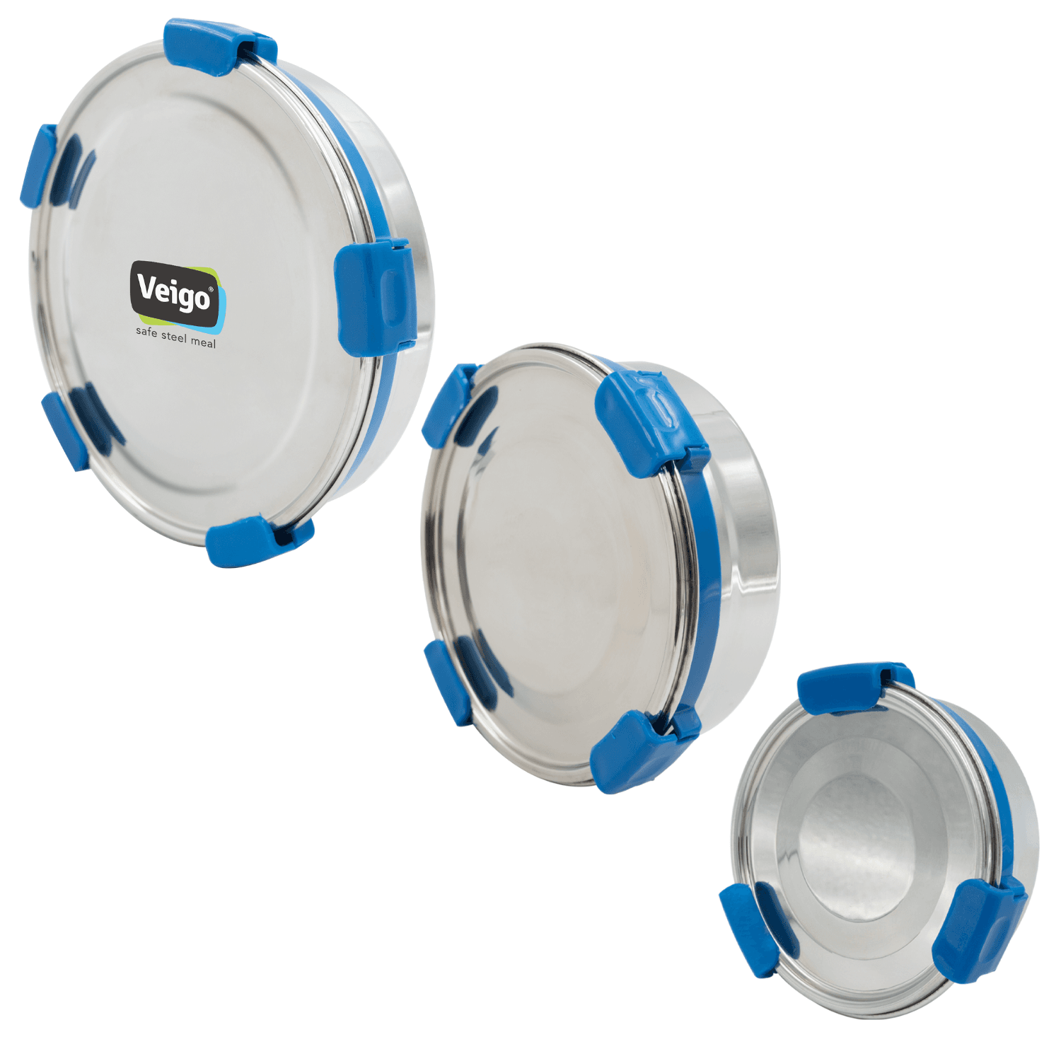 Veigo Maxosteel Round Stainless Steel Airtight & Leakproof Lunch Box with Silicon Ring & Lid Lock, Set of 3(325ML+700ML+950ML), Dark Blue