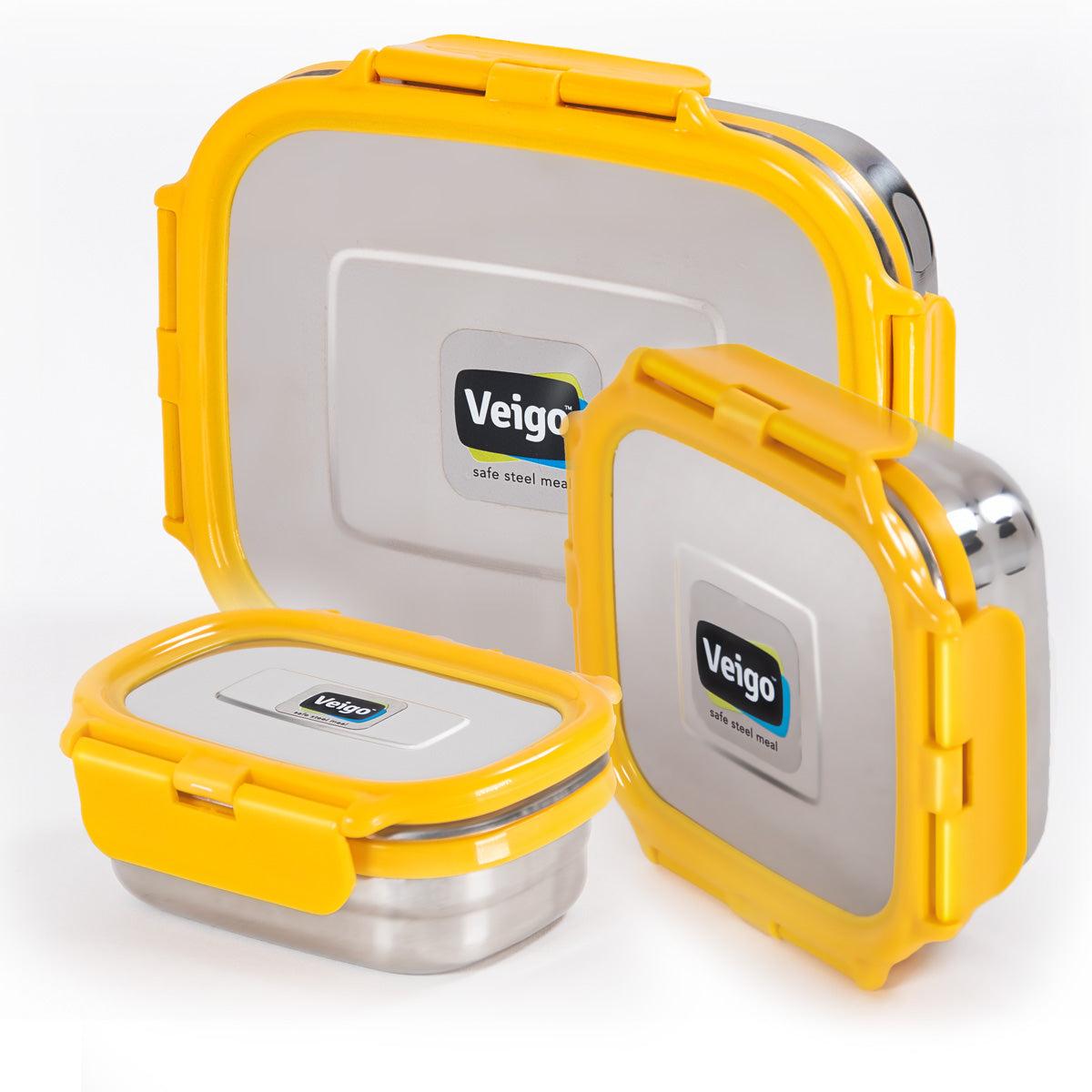 Veigo Celebration Ready to Gift Set- 3 Stainless Steel Leakproof Containers in Ready-to-Gift Box (630ml + 330ml + 180ml)) Suitable for Gifting,ellow