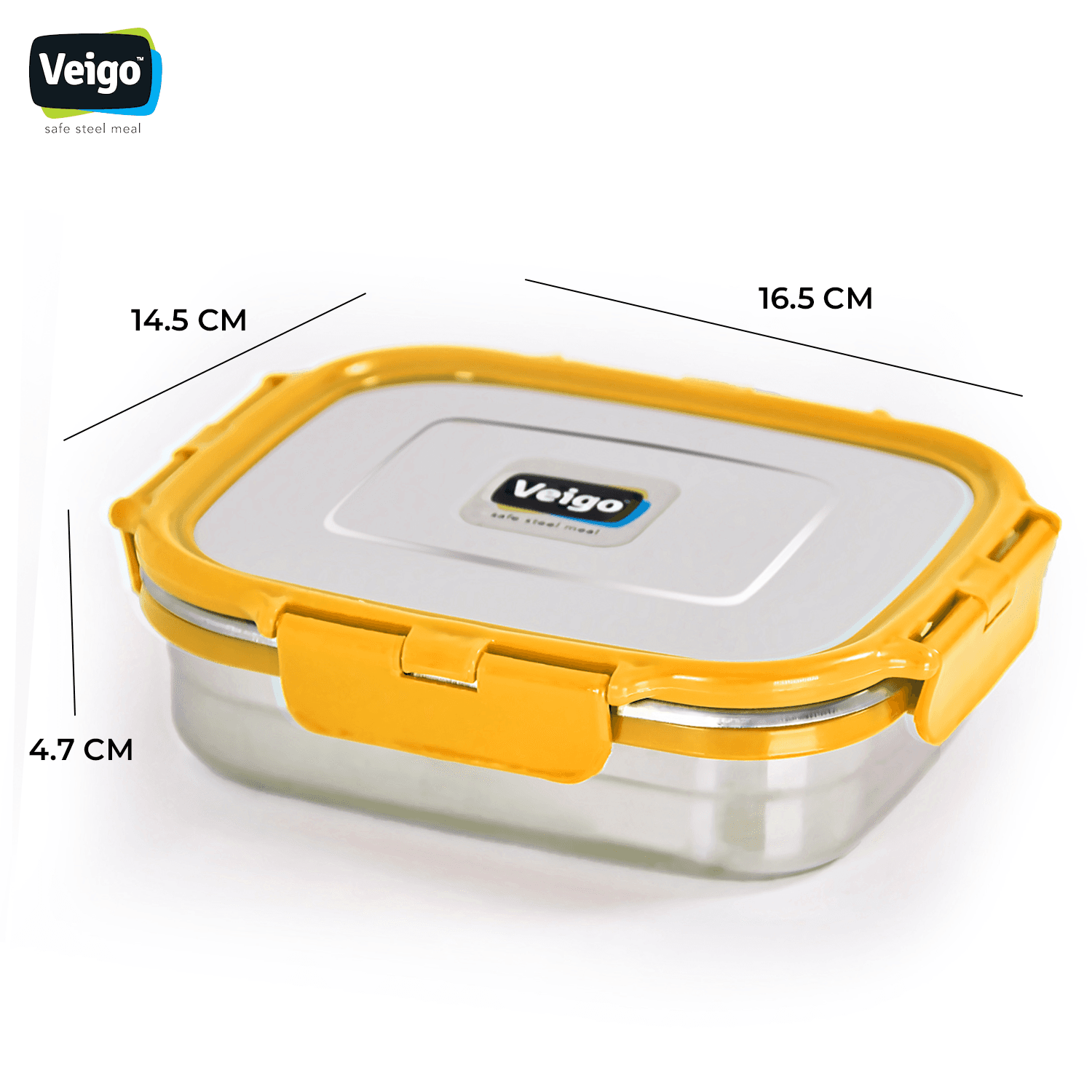 Veigo Large Stainless Steel Air Tight & Leak-Proof Lunch Box with Lid Lock & Detachable Clip Mechanism (600ml),ellow