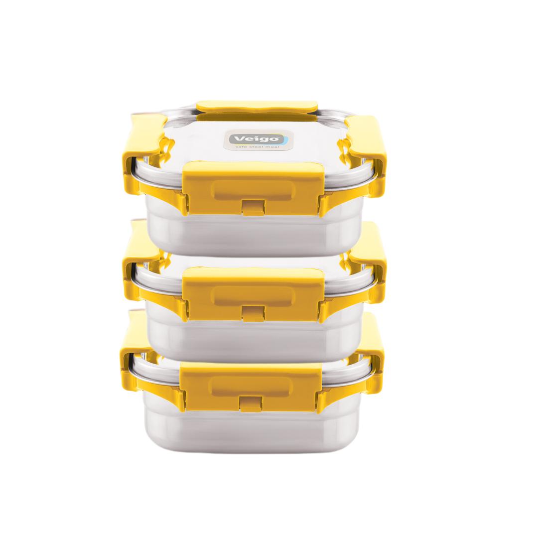 Veigo LunchBoss Combo- 3 MaxoSteel Leakproof & Airtight Medium Lunch Boxes(330ml + 330ml + 330ml) with Insulated Lunch Bag, Suitable for Office & School,ellow
