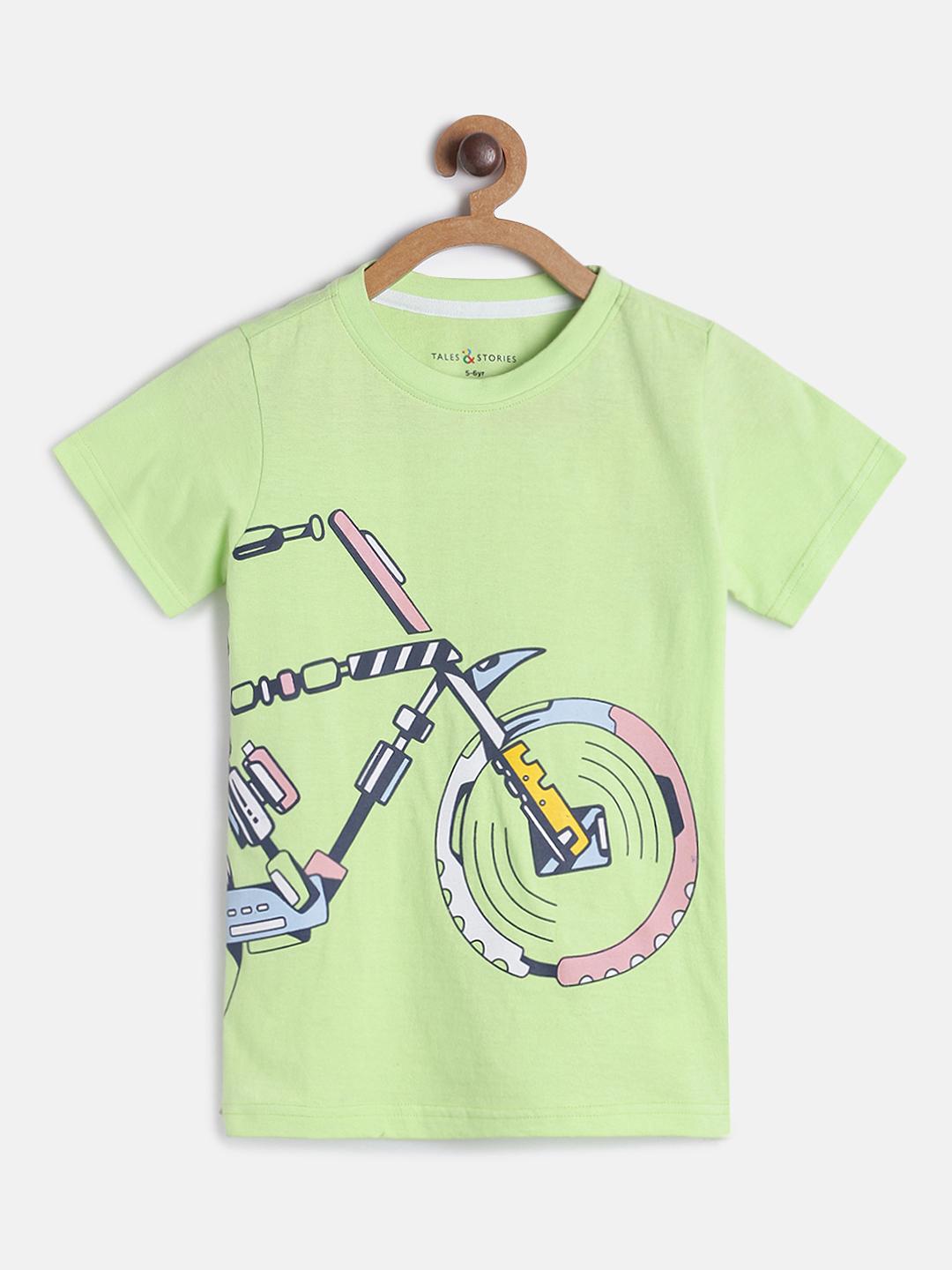TALES & STORIES Boys Printed Pure Cotton Regular T Shirt (Light Green, Pack of 1)