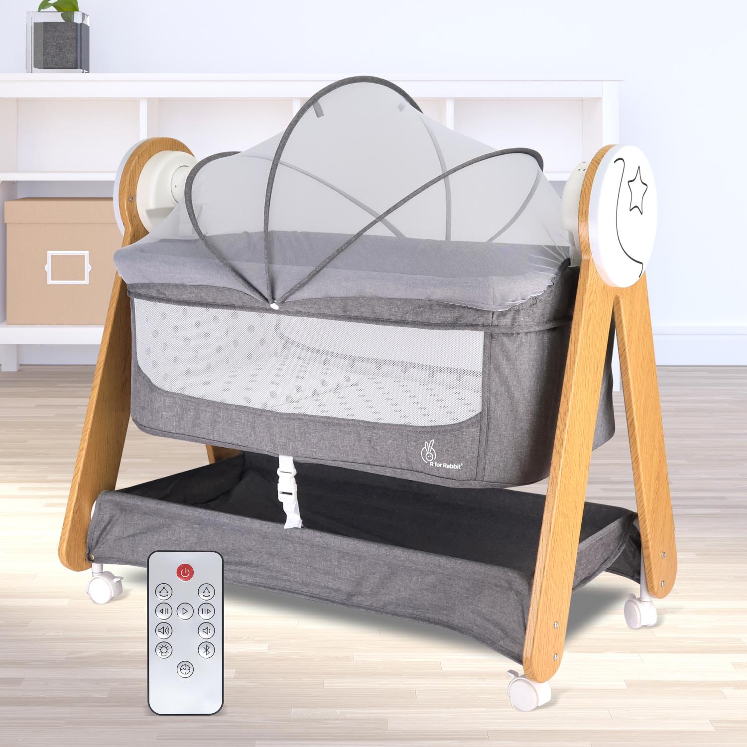 R for Rabbit Lullabies Woodsy 2 in 1 Electric Baby Cradle Convertible Cot/Bassinet with Automatic Swing, Music, Bluetooth and Smart Timer, Lockable Wheels & Storage Space for 0-12 Months Kids (Grey)