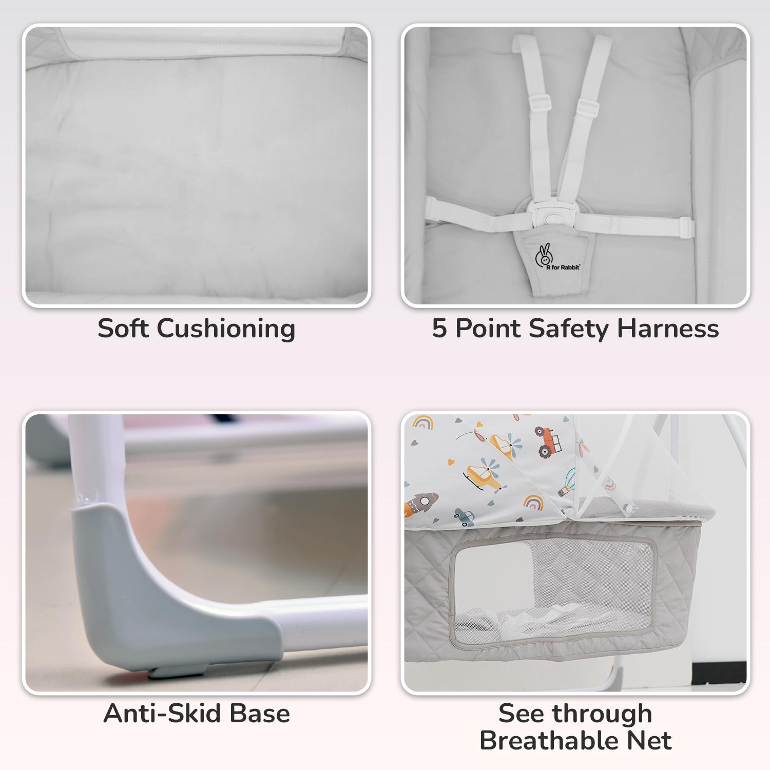 R for Rabbit Lullabies Plus Electric Baby Cradle Automatic Swing with Remote Control, Bluetooth, Soothing Music, Smart Timer & Mosquito Net for New Born Kids Age 0-2 Year Weight Up to 12 KG (Grey)