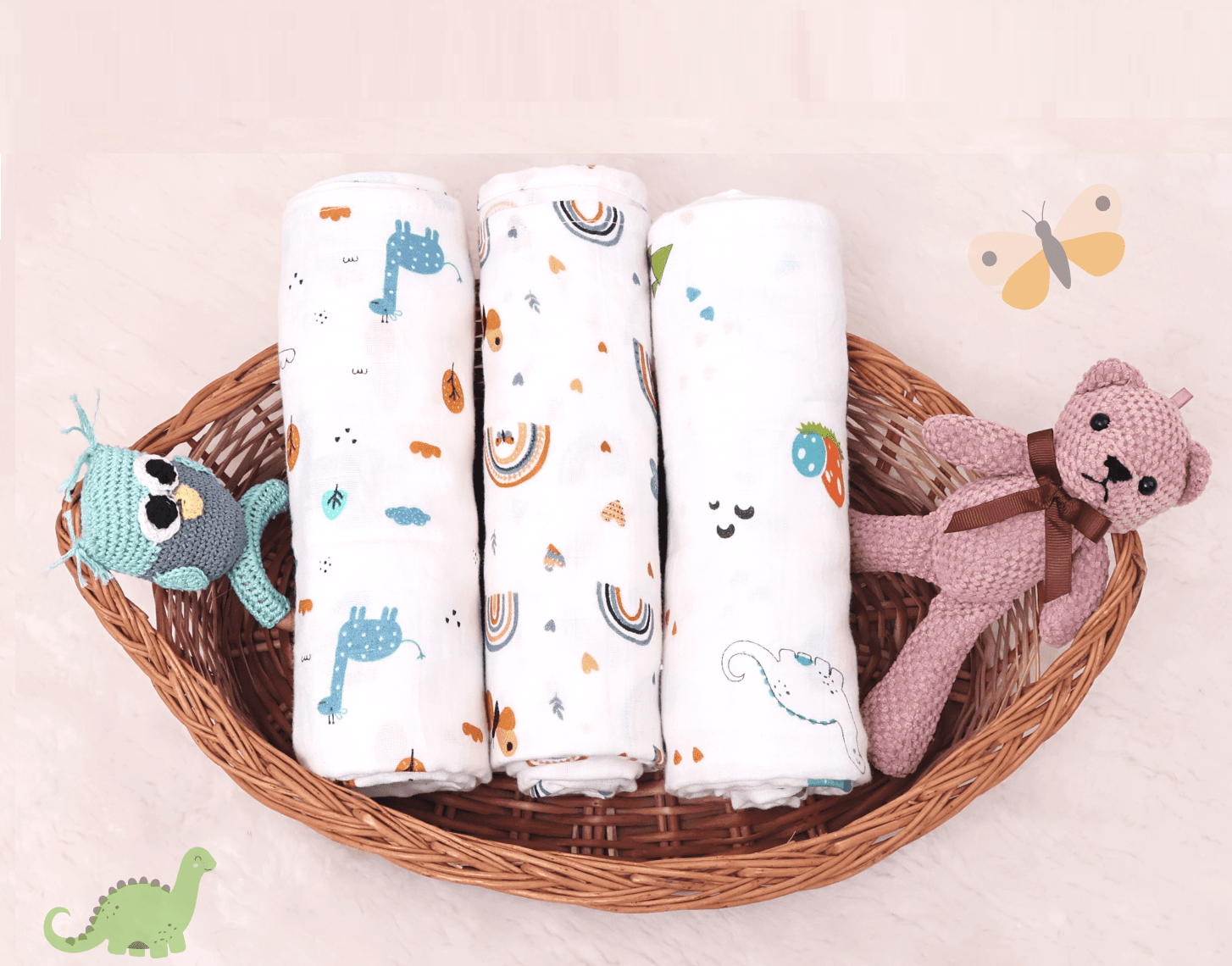 R for Rabbit Cuddlez Swaddle for New Born Baby 100% Soft Cotton Muslin | Lightweight, Breathable & Skin-Friendly Multipurpose Swaddlers Wrap Set Combo Pack of 3 (Size- 105x100 cm, Multi Safari)