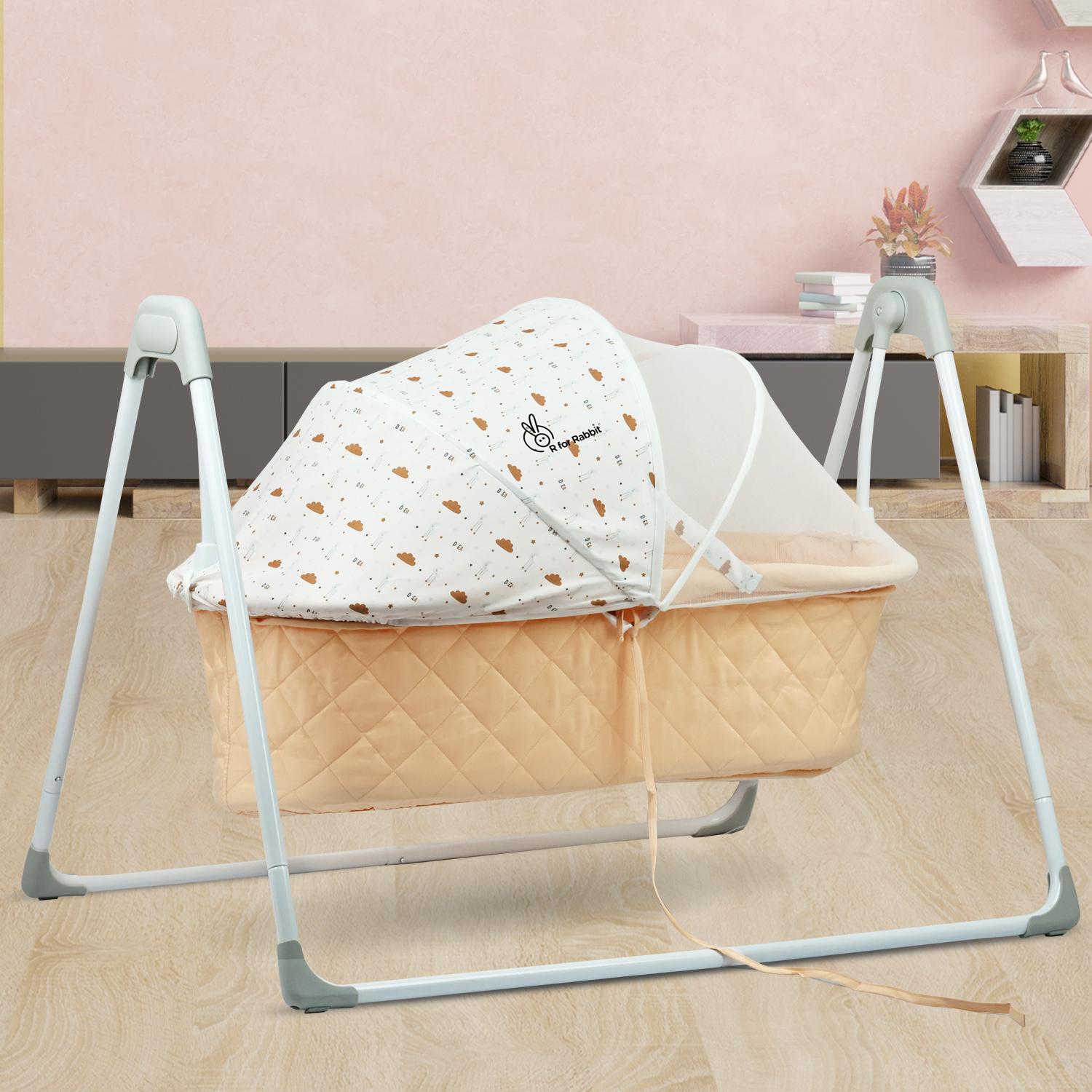 R for Rabbit Lullabies Manual Swing Cradle for New Born Baby with Mosquito Net, 5-Point Safety Harness | Quick & Easy Assembly, Sturdy & Safe Palna Jhula for 0–2 Years, Up to 12kg Kids (Peach Multi)
