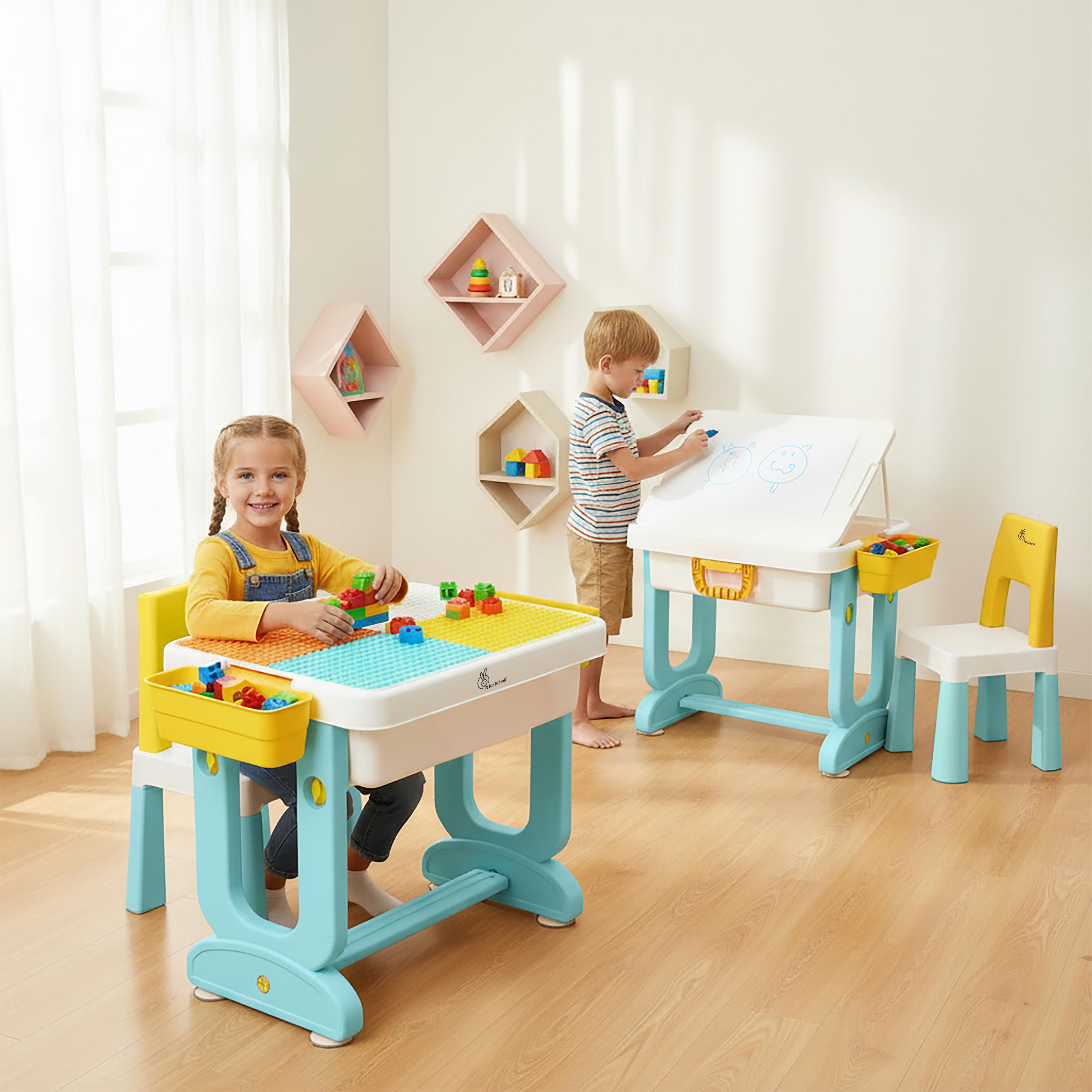 R for Rabbit Little Genius Learner Polypropylene Kids Study Table & Chair Set with Storage 4-in-1 Multifunctional Desk for 3-7 Years Children, Weight Capacity Upto 40kgs (Blue Multi)