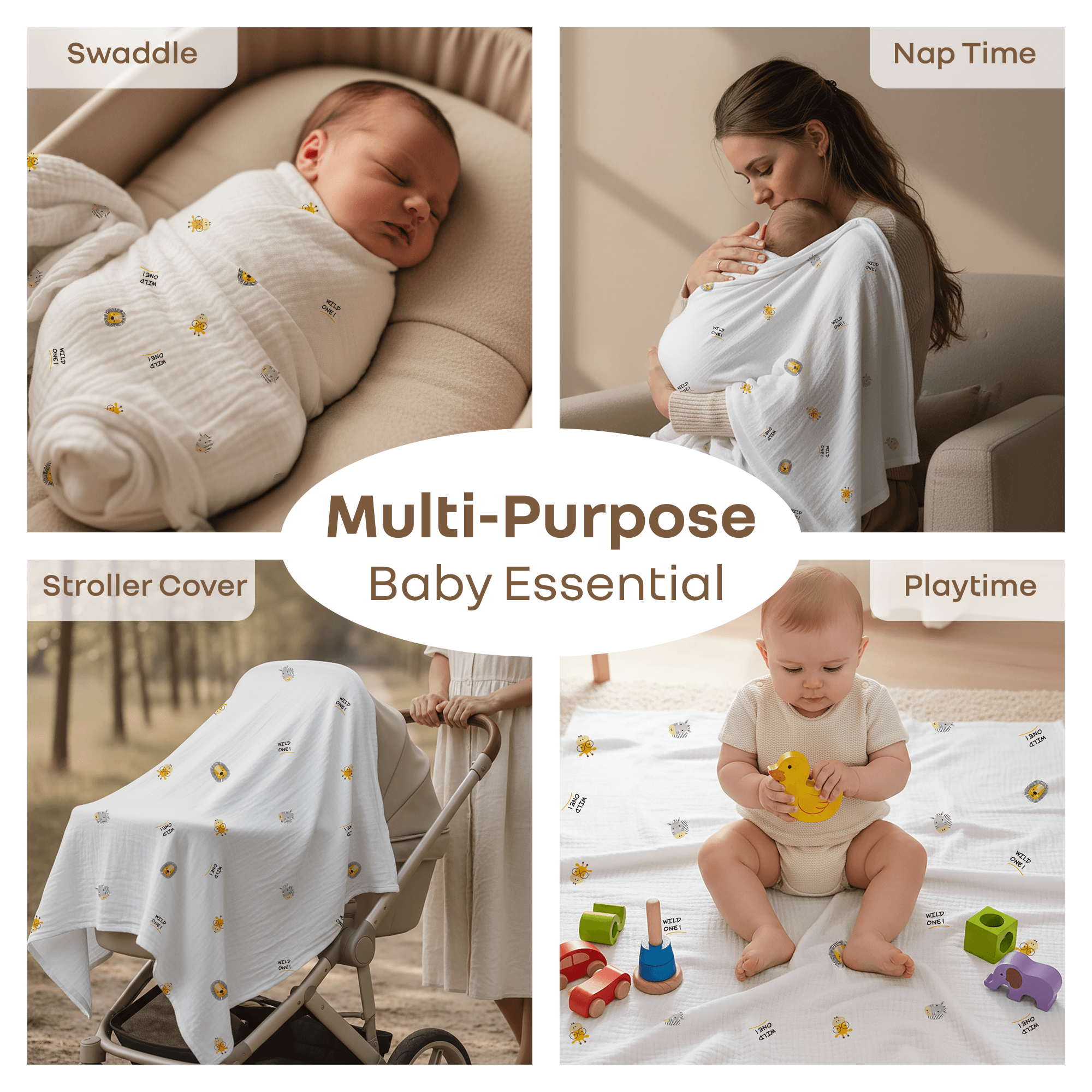 R for Rabbit Softkins Muslin Blanket for Newborn Baby 6 Layers Cotton Fabric Soft Breathable Lightweight All-Season Swaddle for Cuddling Stroller Rides Naptime 100 x 100 cms, 0+ Months (Safari White)
