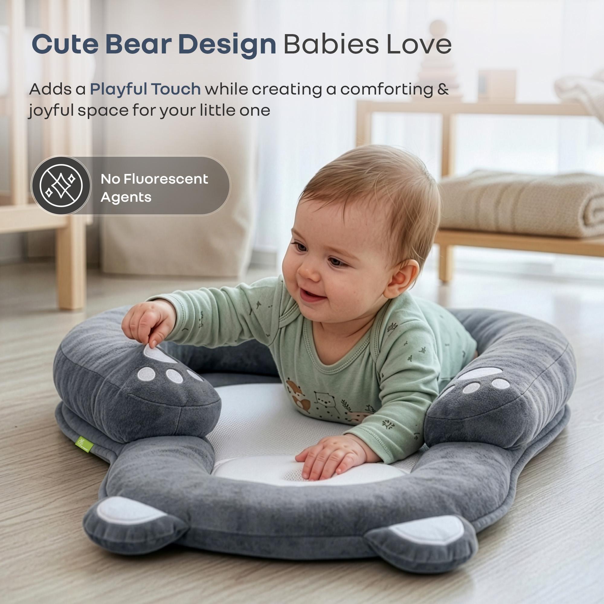 Snuggy Teddy Baby Lounger Nest - 4 in 1 Multipurpose Baby Bedding with Head Support Pillow, Plush Fabric, U-Shaped Cushion Design & Travel Friendly Baby Nest (0+ Months) - Grey