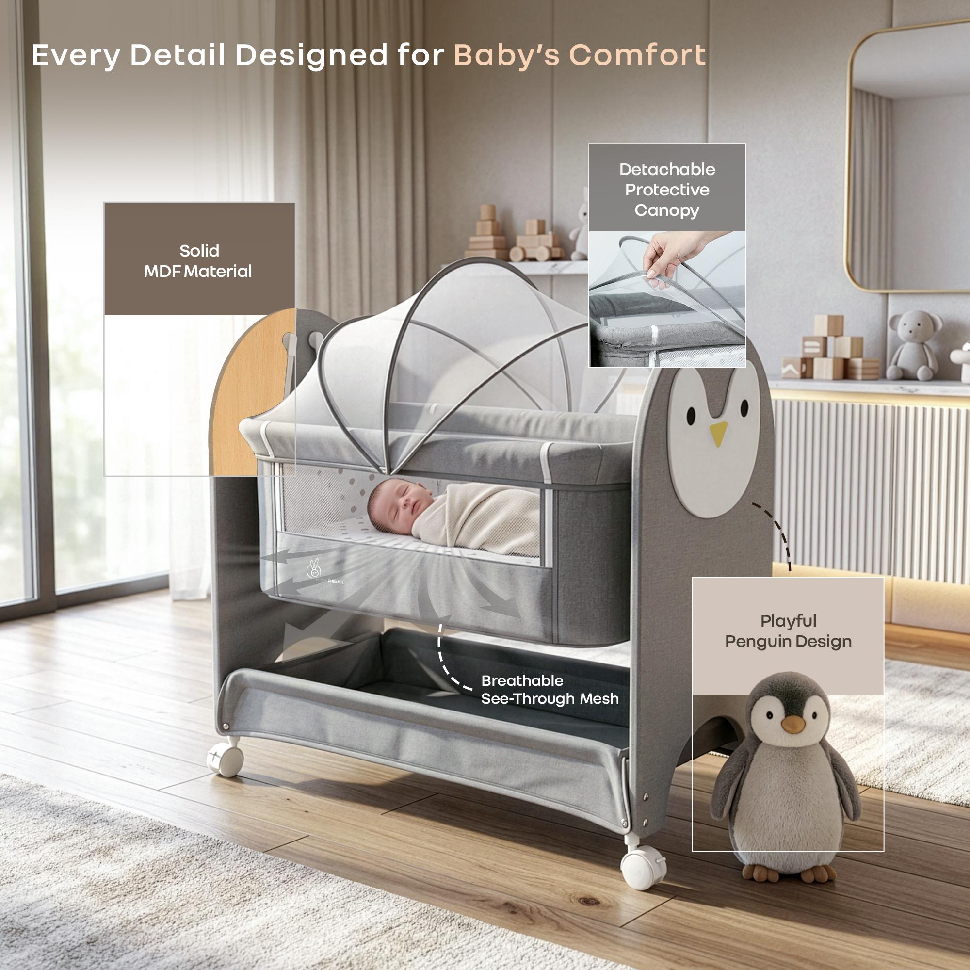 R for Rabbit Lullabies Woodsy Snowy Manual Swing Wooden Baby Cradle for Newborn 0-18 Months | Cot/Bassinet with Mattress, Mosquito Canopy Net, Lockable Wheels & Storage Basket, Upto 15 Kg (Grey White)