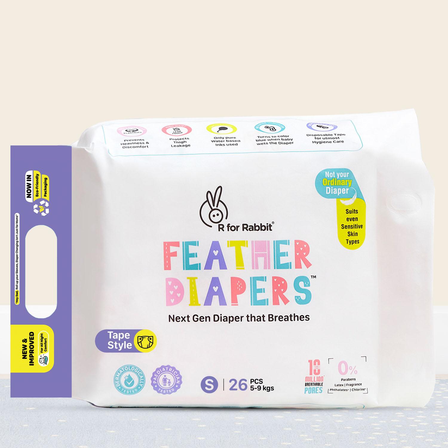 R for Rabbit Tape Style Feather Diaper Small (S) Size for Baby 5 to 9 kgs 26 Units (26 Count, Pack Of 1)