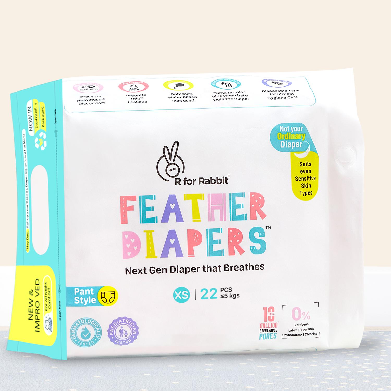 R for Rabbit Feather Diaper Pants Size XS|NB for Newborn baby of 0-5 kg (Pack of 22)