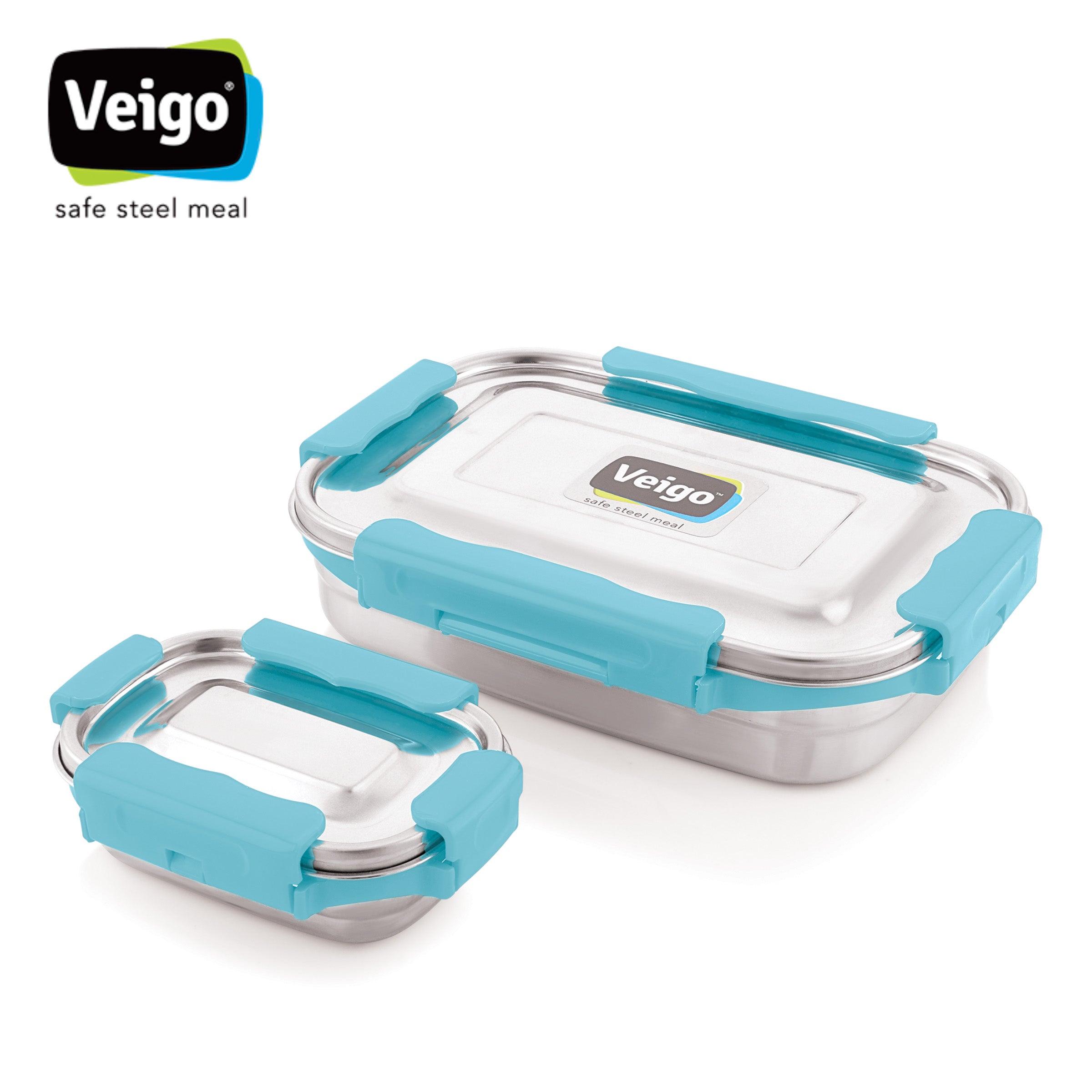Veigo MaxoSteel Jumbo Combo- 1 Stainless Steel Lunch Box with Reverse clip mechanism & Small Veg Box Inside(950 ml + 200 ml) comes with Flat Insulated Pouch, Aqua Blue