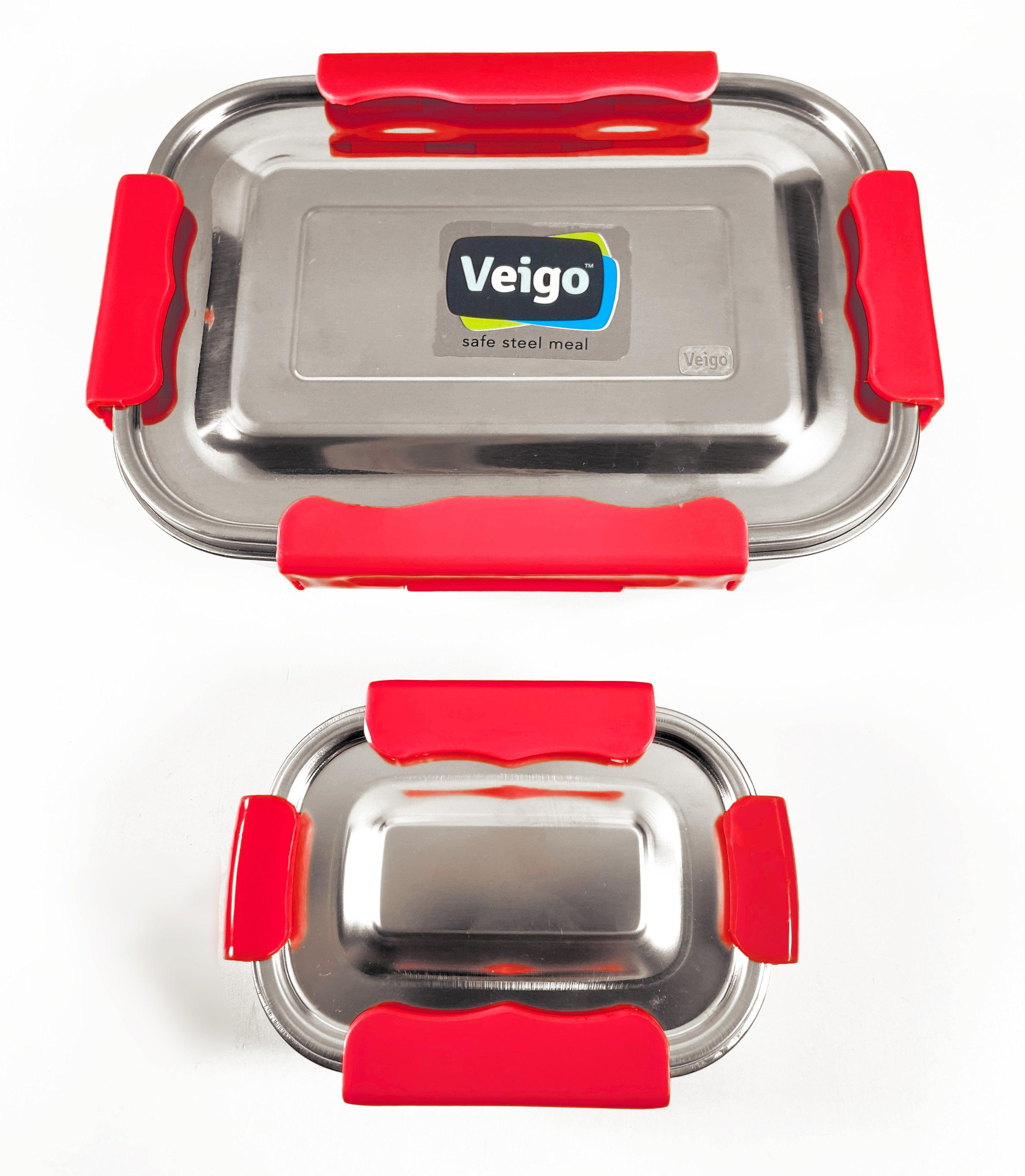 Veigo MaxoSteel Jumbo Combo- 1 Stainless Steel Lunch Box with Reverse clip mechanism & Small Veg Box Inside(950 ml + 200 ml) comes with Flat Insulated Pouch, Red