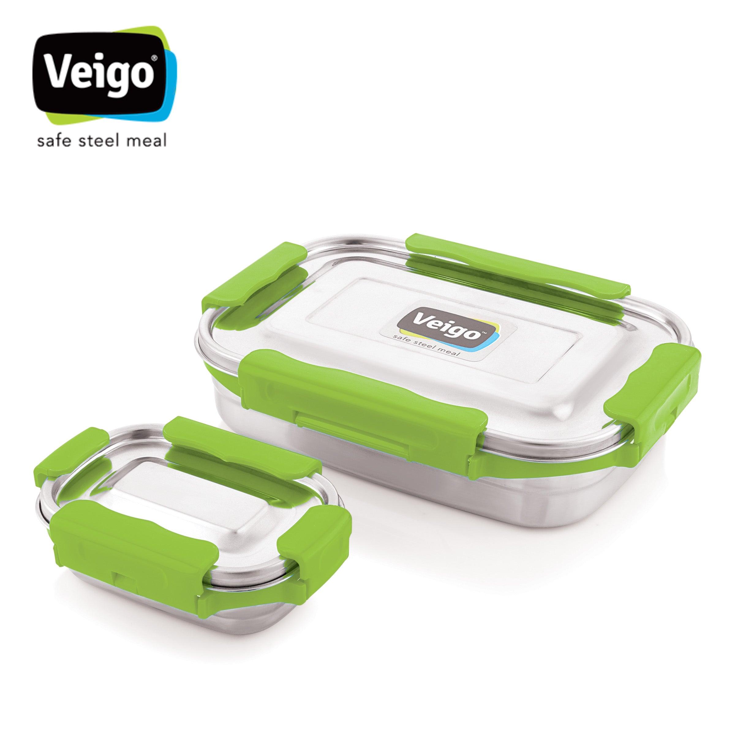 Veigo MaxoSteel Jumbo Combo- 1 Stainless Steel Lunch Box with Reverse clip mechanism & Small Veg Box Inside(950 ml + 200 ml) comes with Flat Insulated Pouch, Green