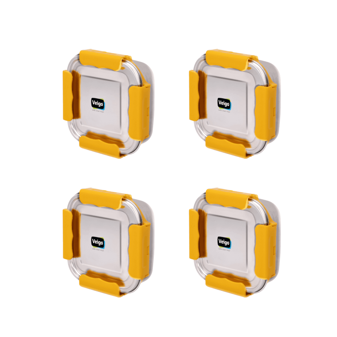 Veigo Outdoor Adventure - Set of 4 MaxoSteel Airtight & Leakproof Snack Boxes with Reverse Clip Mechanism,ellow