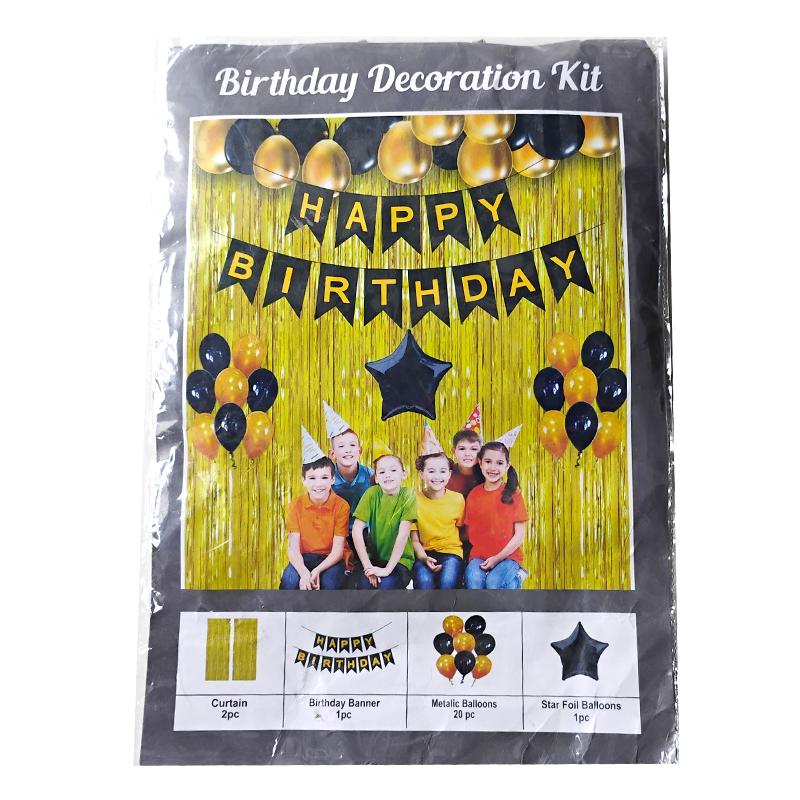 Happy Birthday 4 item kit (Golden) (Black, Golden) | Party Banner Decoration | Birthday Theme Banner Bunting | Party Banners