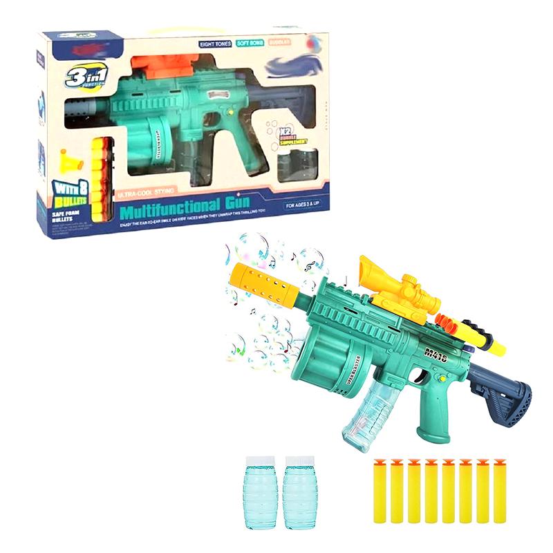 Play Run Multi Function 3 in 1 Gun Bullet with Bubble Maker 8 Foam Darts M416 Bubble Machine Gun Toy (Cyan) | Toy Gun for Kids | Soft Bullet Blaster Shooter Toy | Toy Guns