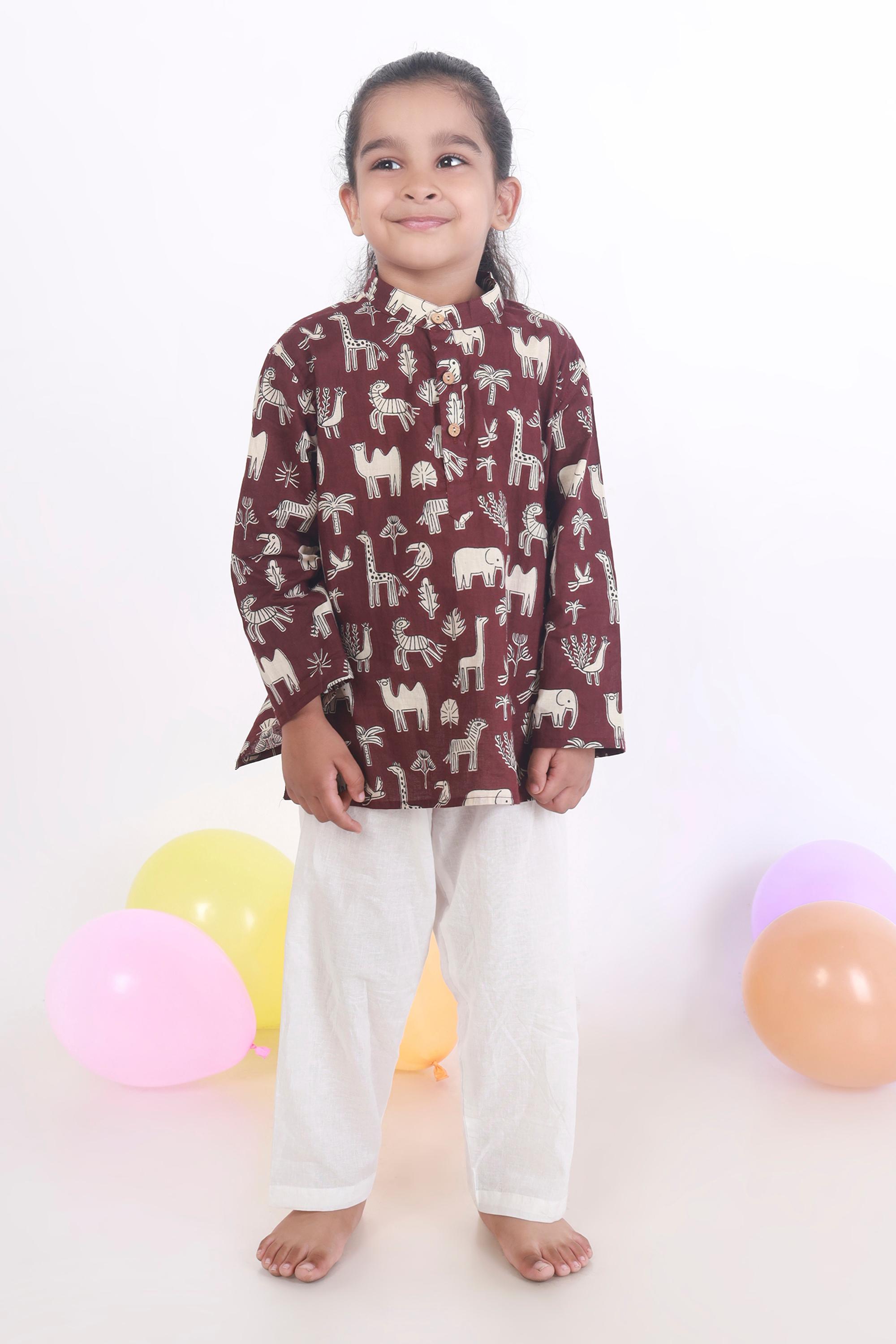 WineAnimalWovenCotton Kurta & PyjamaNightsuit
