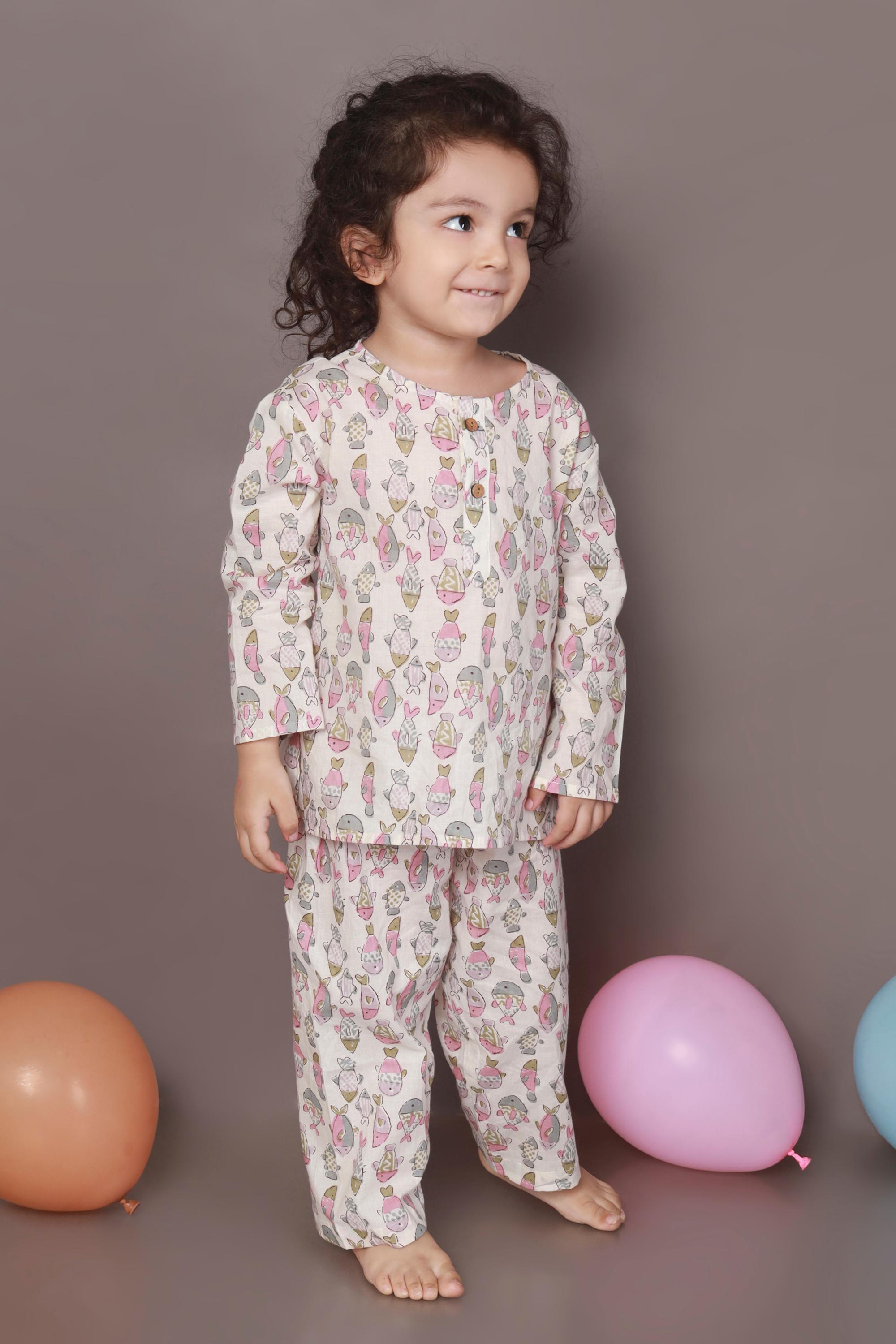 White with pinkFishWovenCotton Shirt & PyjamaNightsuit