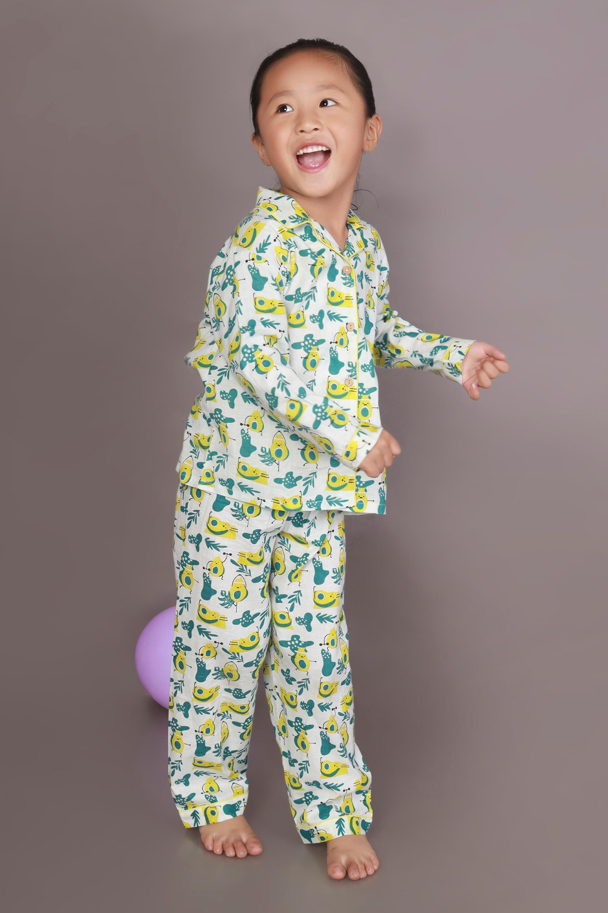 White with Green +ellowAvacadoWovenCotton Shirt & PyjamaNightsuit