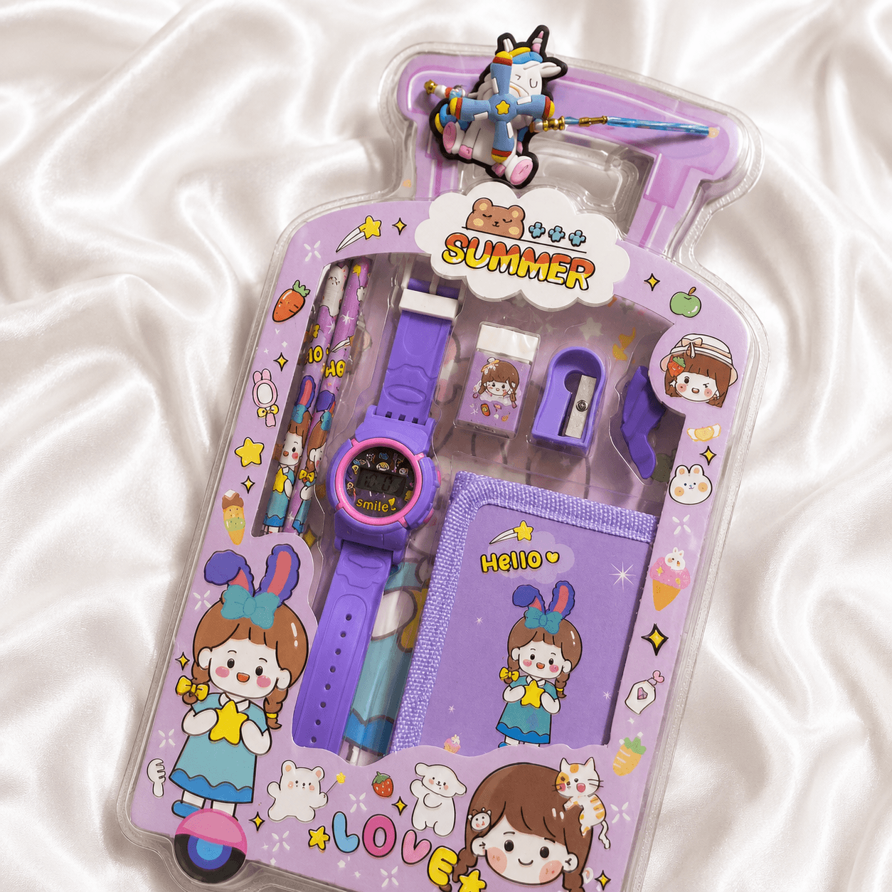 iLearnNGrow Luggage Packing Stationery Rakhi Combo – Complete School Essentials Gift Set with Watch, Wallet & Rakhi- Purple