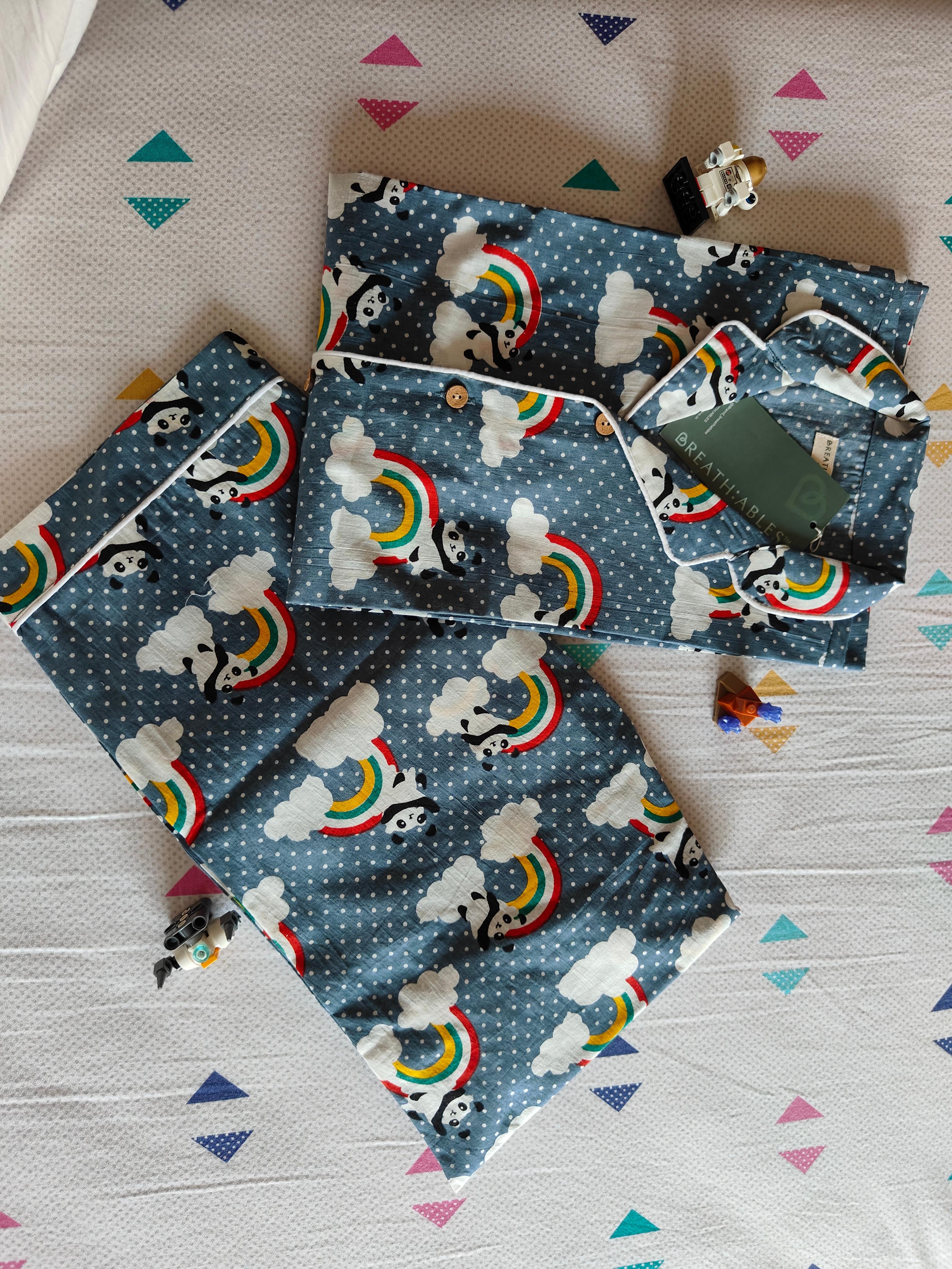 Kids Cotton Rainbow Panda Print Nightsuit – Grey Full Sleeves Shirt & Pant Co-ord Set | Nightwear | BREATHABLES