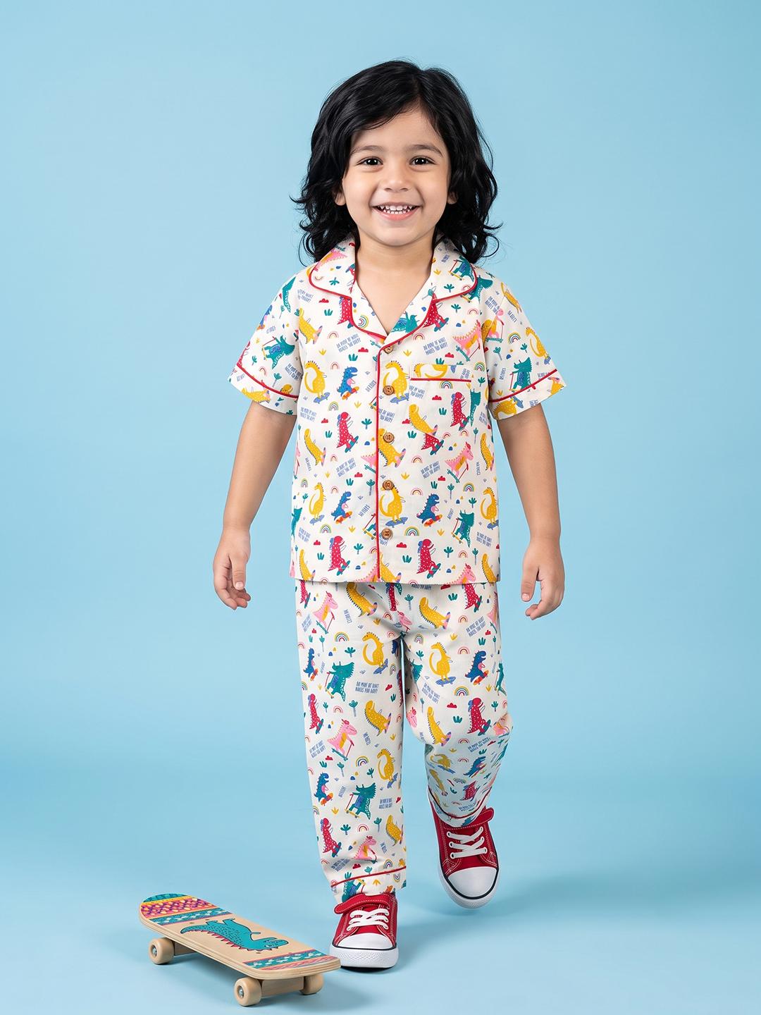 Kids White Dino Print Cotton Nightsuit Co-ord Set For Boys and Girls | BREATHABLES