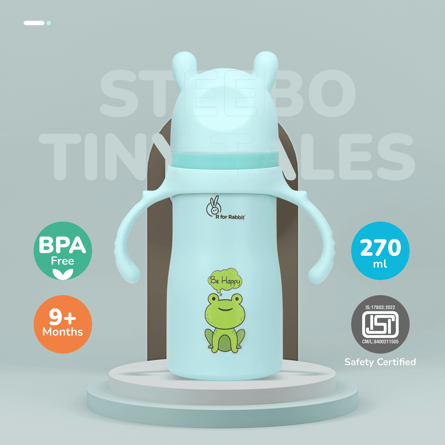 R for Rabbit Steebo Tiny Tales Premium Stainless Steel Straw Sipper for Kids, Leak & Spill Proof BPA Free Soft Silicone Straw Drinking Sipper Bottle for Kids Boy Girl of 12+ Months (270ml, Lake Blue)