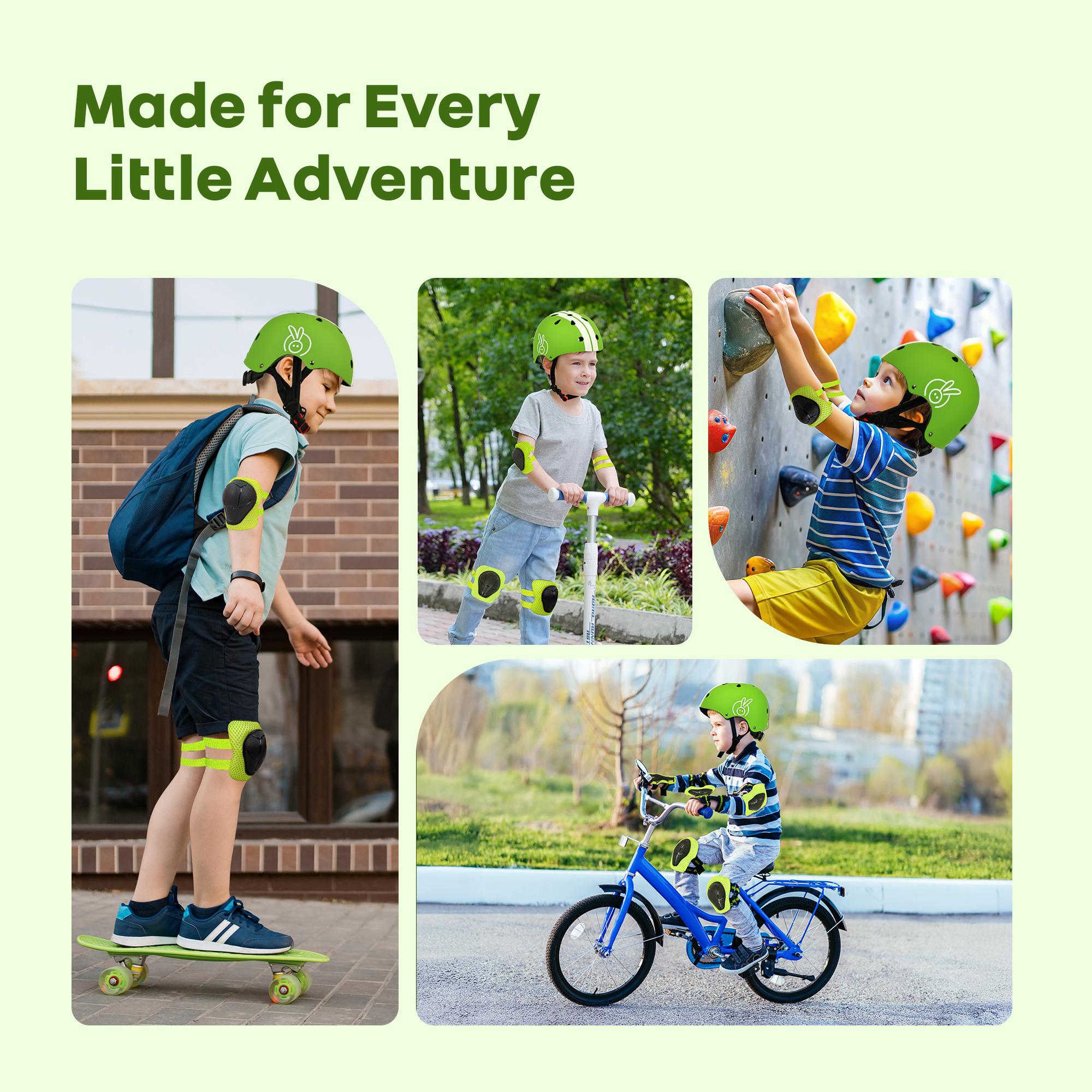 R for Rabbit Safe Play Set for Kids | Helmet with Knee Pads, Elbow Pads & Wrist Guards Safety Certified, Lightweight, Adjustable | Skating, Cycling, Scooter, Age 3-7 Years Boys & Girls (Green Sports)