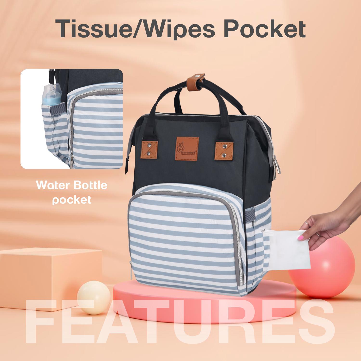 R for Rabbit Caramello Regal Baby Diaper Bag for Mother, Waterproof Kids Diaper Backpack for Mothers, Multifunctional Maternity Bag for Travel, Nursing Backpack for Moms (Grey Stripes)