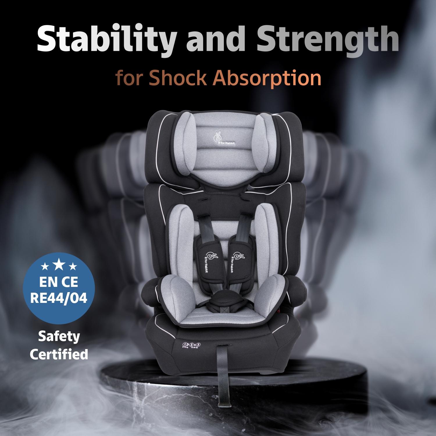 R for Rabbit Jumping Jack Grand 2-in-1 Convertible Baby Car Seat & Booster Seat for Kids 9 Months to 12 Years, ECE R44/04 Safety Certified Growing Car Seat with Side Impact Protection (Black Grey)