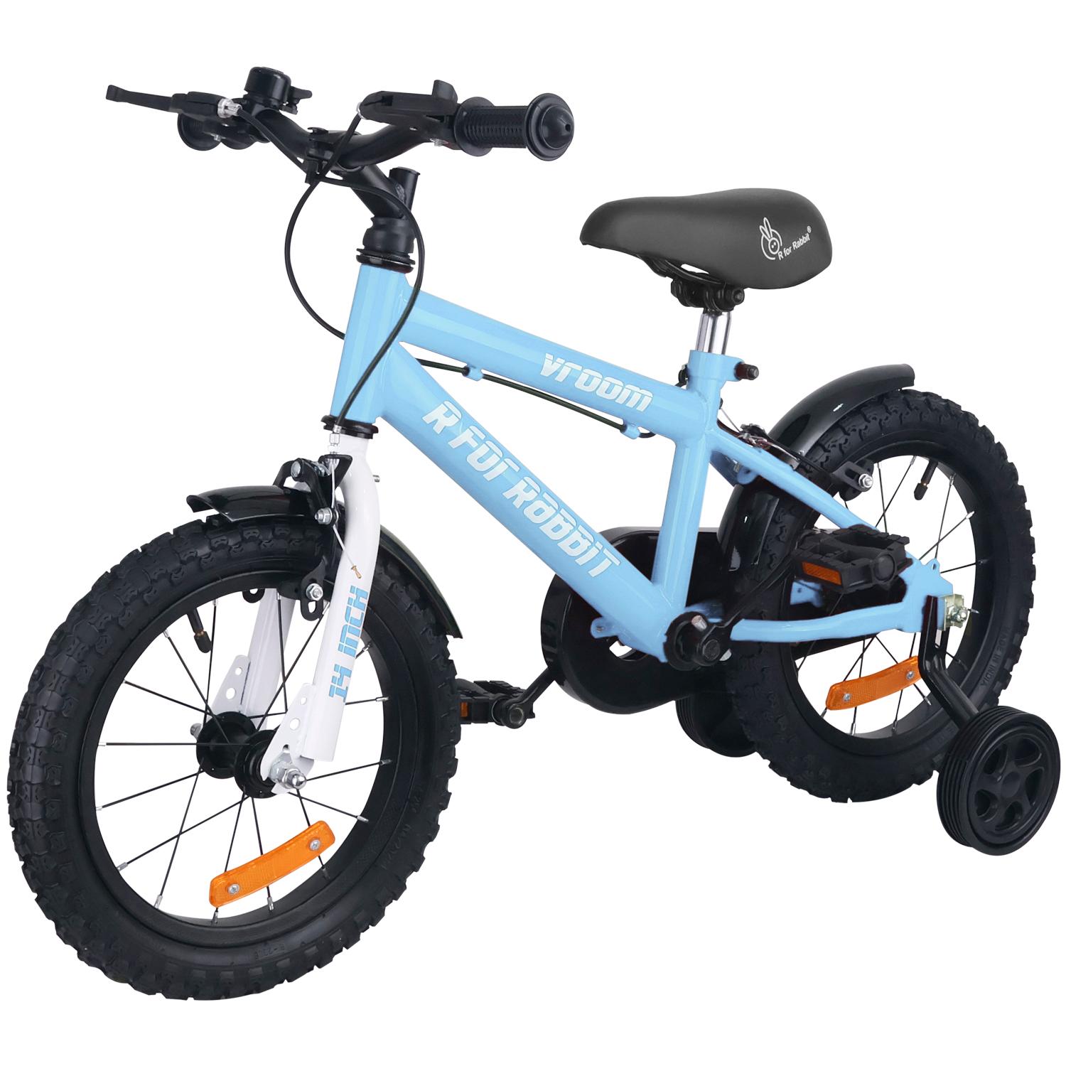 R for Rabbit Vroom Bicycle for Kids Cycle for 3 to 5 Years Boys & Girls 14T Inches | Training Wheels| 90% Installed (Lake Blue)