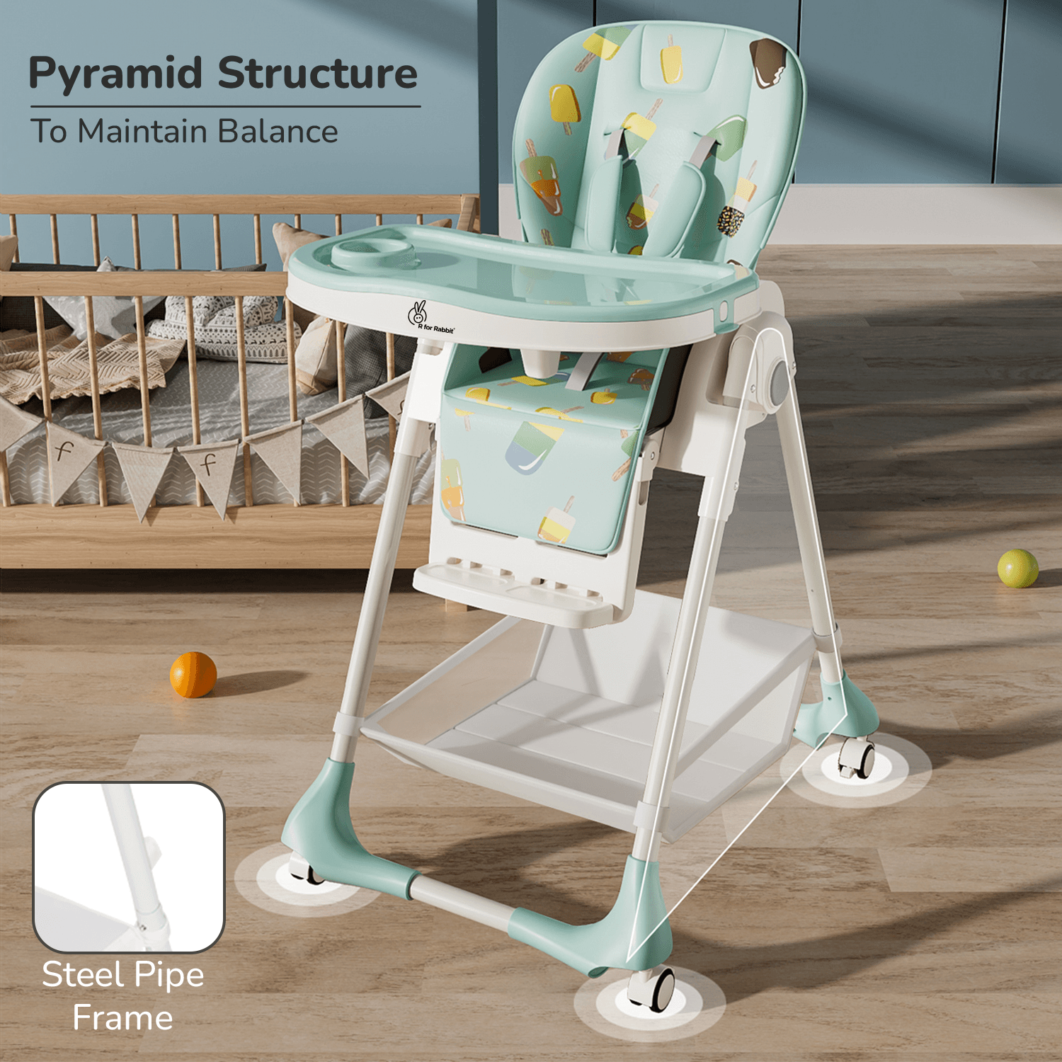 R for Rabbit Marshmallow High Chair for Baby, Multiple Recline Position High Chair with 7 Level Height Adjustment and 3-Recline Modes with adjustable Footrest, 6 Months to 5 Years (Candy Blue)