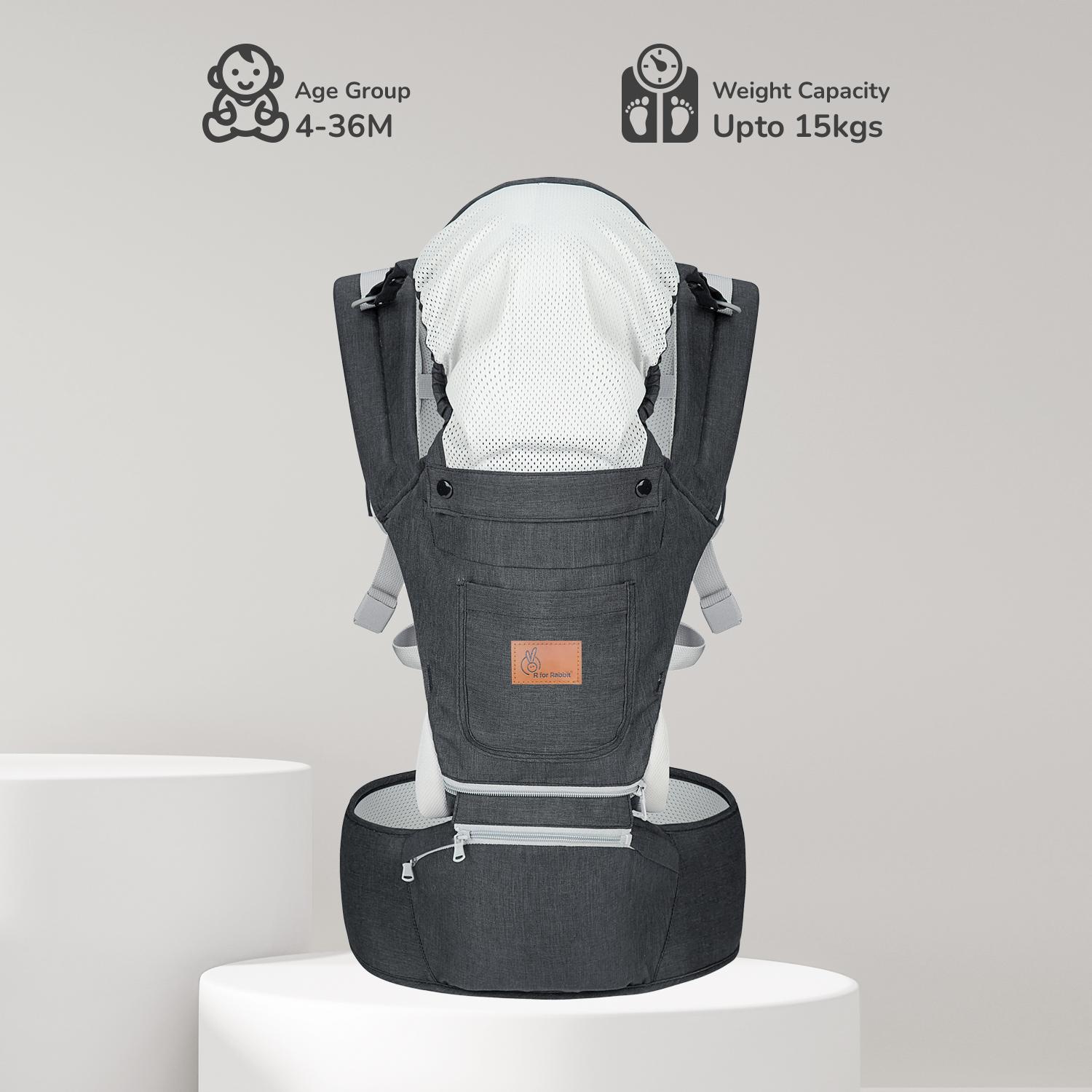 R for Rabbit Upsy Daisy Ergo Baby Carrier for New Born | 8 in 1 Hip Seat Front and Back Carry Position Adjustable Straps Kangaroo Bags for 4 to 36 Months Kids Upto 15 Kg (Dark Grey)