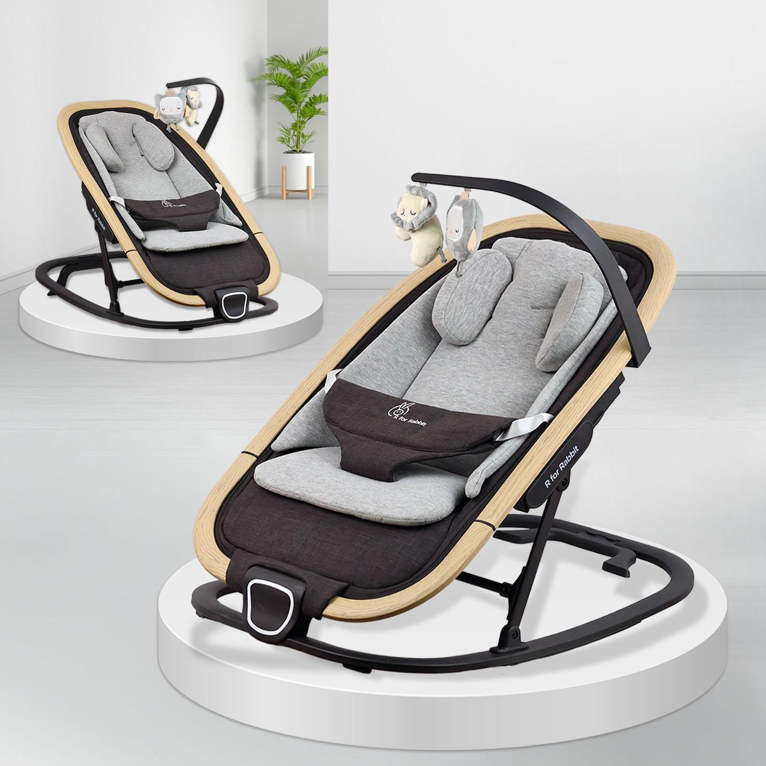 R for Rabbit Rock N Nap Bliss Baby Rocker & Bouncer 2-in-1 | Lightweight & Travel-Friendly One-Hand Multi-Recline Kids Rocking Chair| Soft Cushion for 0-12 Months Babies Weight upto 12 Kgs(Grey Black)
