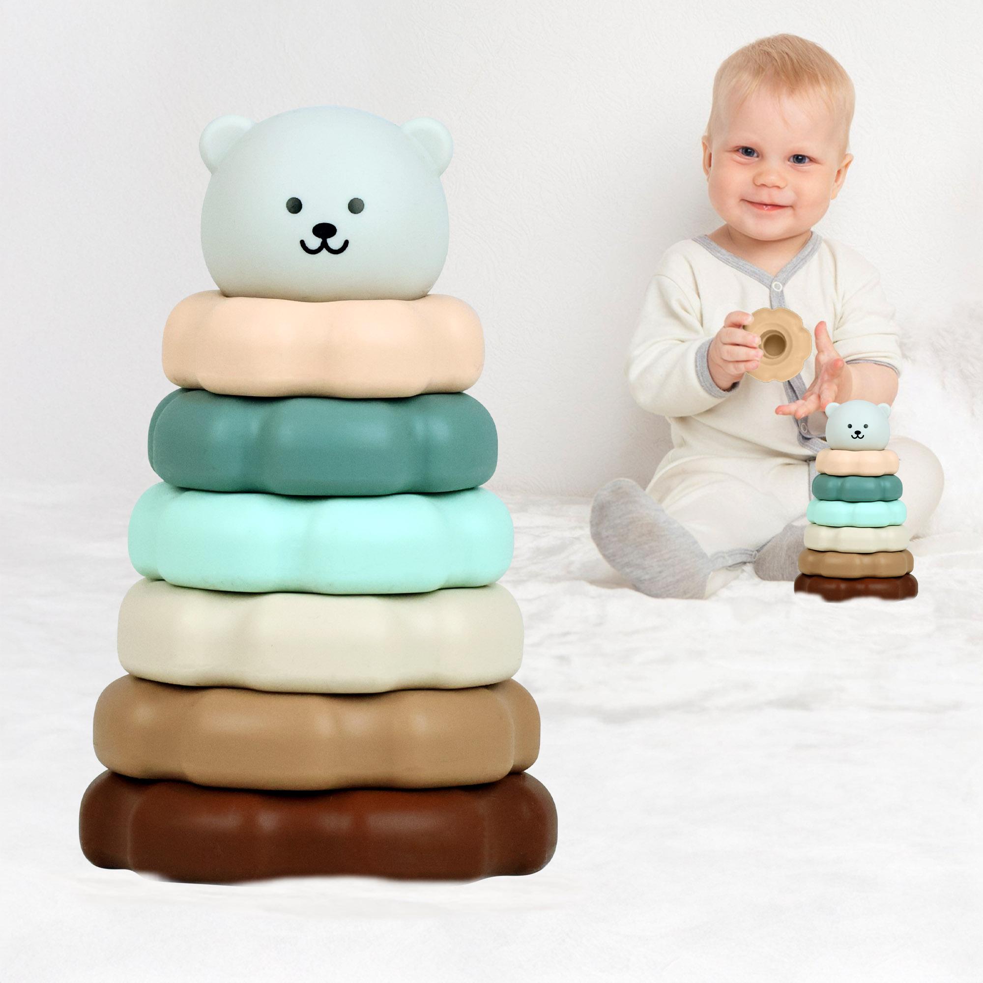 R for Rabbit Orapple Teddy Stacker Stacking Rings Toy Sorting Tower Game Smooth Rounded Edges BPA Free Educational Interactive Learning Toys for Kids Baby Girls Boys (Grey Teddy)