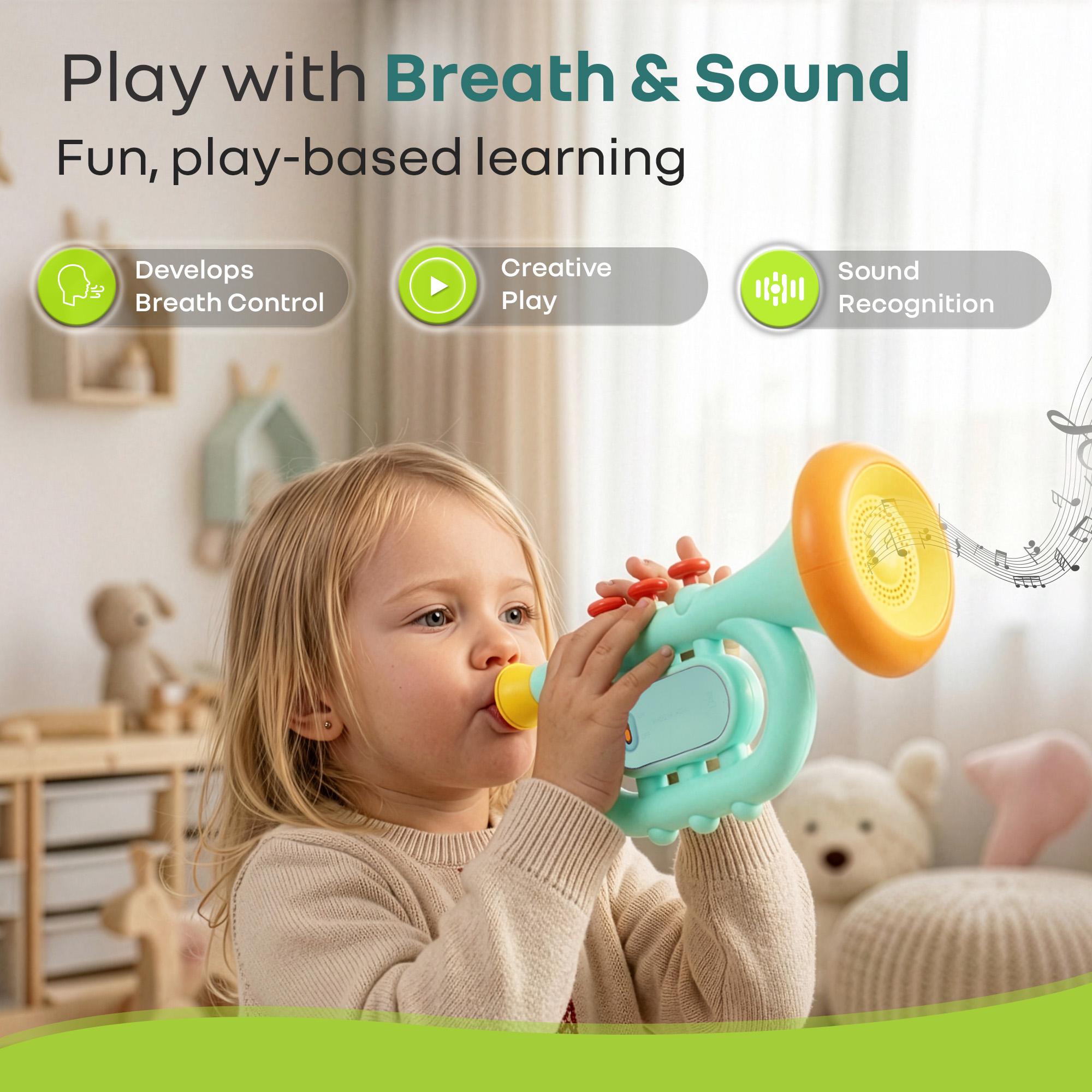 R for Rabbit Orapple Funtunes Trumpet Musical Toys for Kids | Light & Sound Music with Smart Auto Shut Off | 3 Play Modes | Early Learning Music Toy for Toddlers Ages 1+ Ideal for Kids (Blue Multi)
