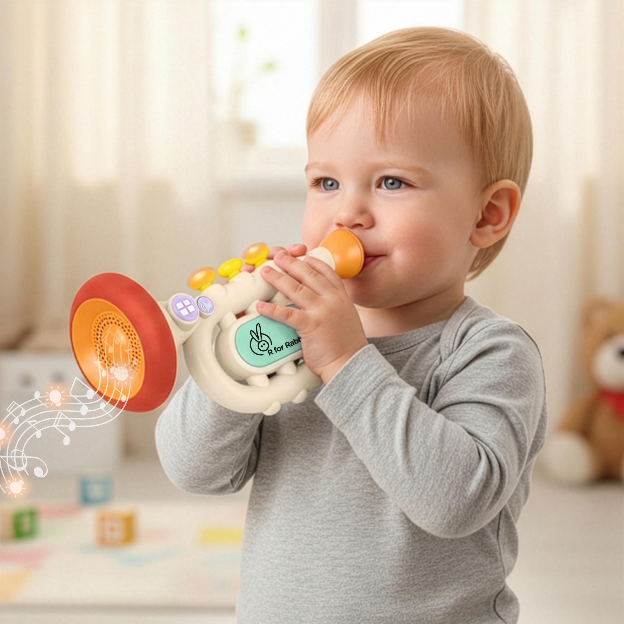 R for Rabbit Orapple Funtunes Trumpet Musical Toys for Kids | Light & Sound Music with Smart Auto Shut Off | 3 Play Modes | Early Learning Music Toy for Toddlers Ages 1+ Ideal for Kids (Beige Multi)